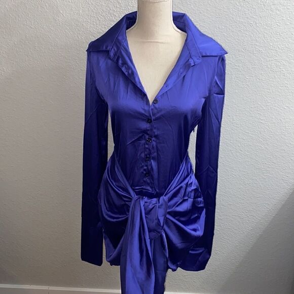 Satin stretch long sleeve tie front dress NWOT - Picture 4 of 4